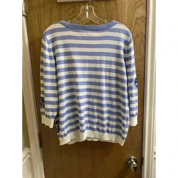 Talbots Womens Blue & White 3/4 Sleeve Striped Floral Knit Sweater Plus Size 1X - Picture 8 of 9